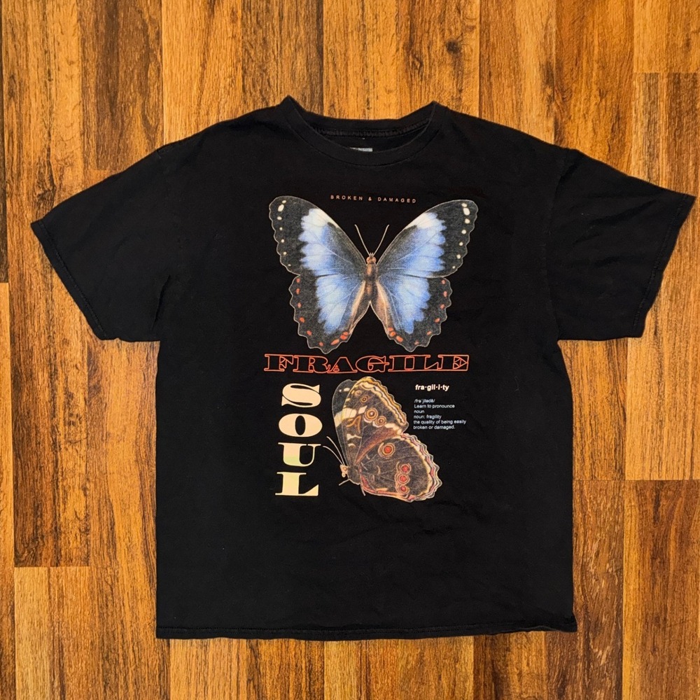 Broken & Damaged Fragile Soul Butterfly Graphic Tee Black Large